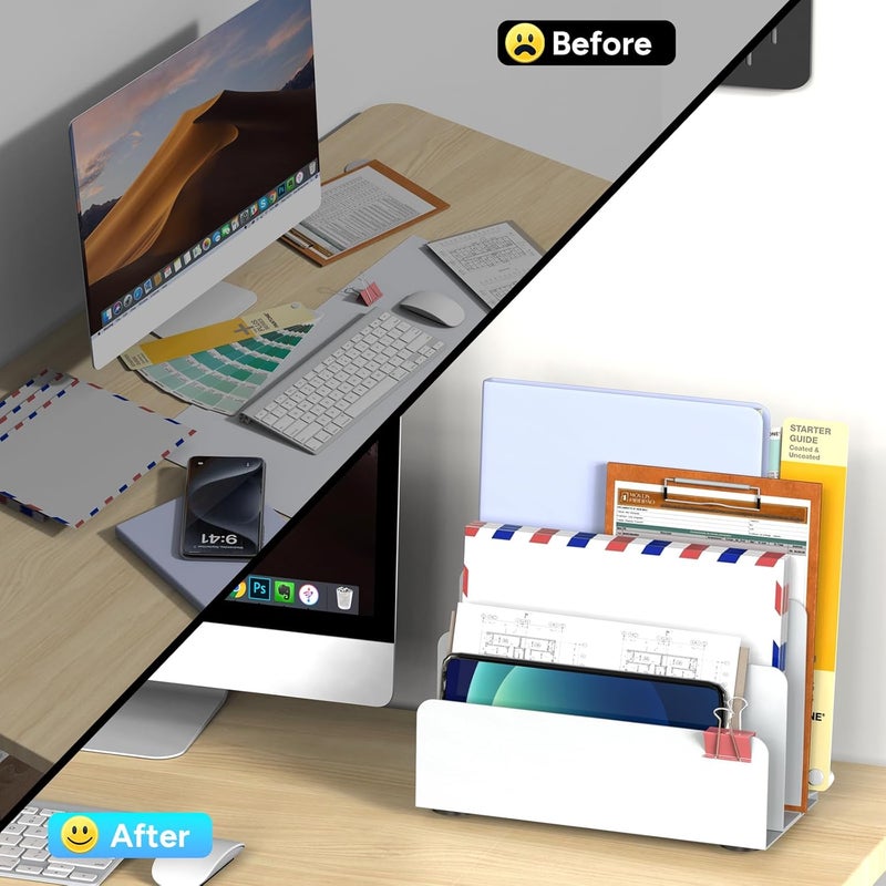OUTIOE Mail Organizer Countertop, Small Desk File Organizer, Metal File Holder - Essential Workspace Organizers for Office Desk, Home Office (White) - Image 2